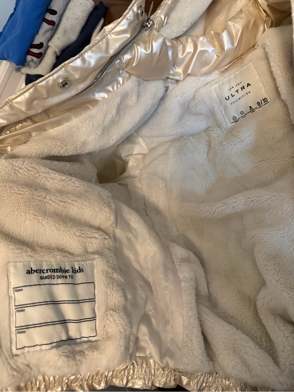 abercrombie kids ivory plush-lined puffer jacket